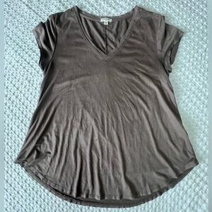 Soft Velvet V-Neck Short Sleeve Top - Light Brown